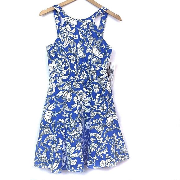 NEW NWT HONEY ROSIE Blue White Floral Fit Flare Sleeveless Cotton Dress JUNIORS - Picture 1 of 7